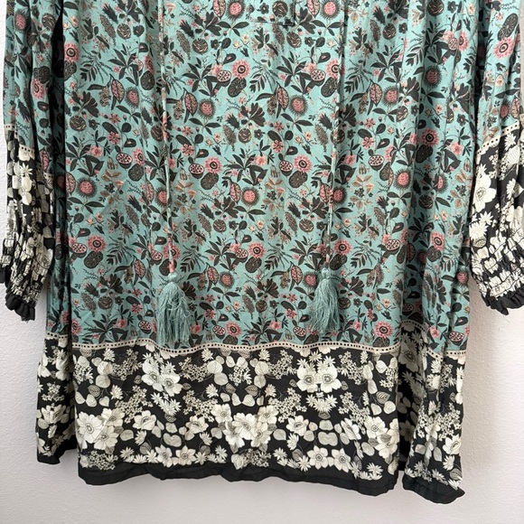 Natural Life Dara V-Neck Tunic Dress Sage & Black Floral Border pattern XS - Picture 8 of 10